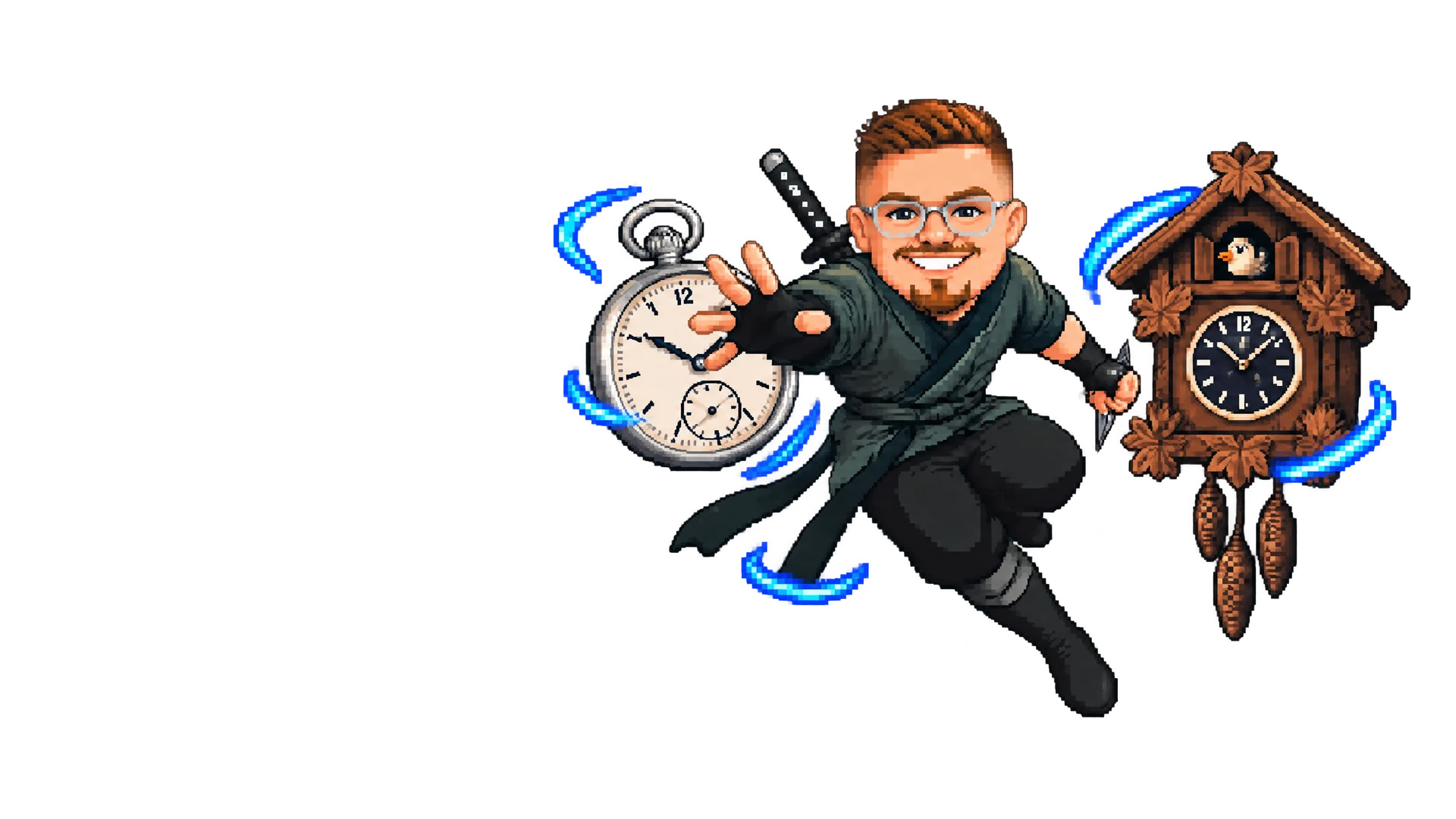 Pixel-Szene: Leander als Schwarzwald-Ninja mit Kuckucksuhr und Taschenuhr über Schramberg