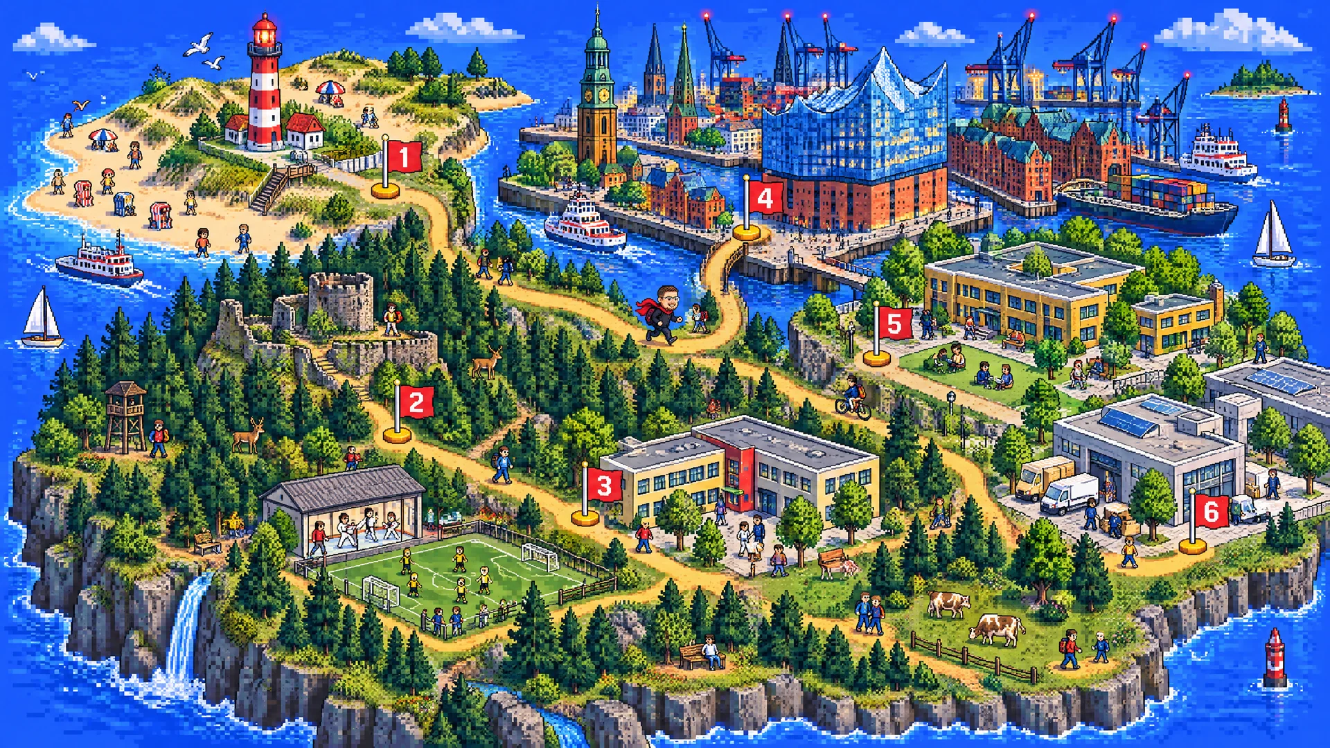 Isometrische Pixel-Weltkarte: der Weg von Amrum über den Schwarzwald zurück nach Hamburg, mit Fähnchen für die sechs Level