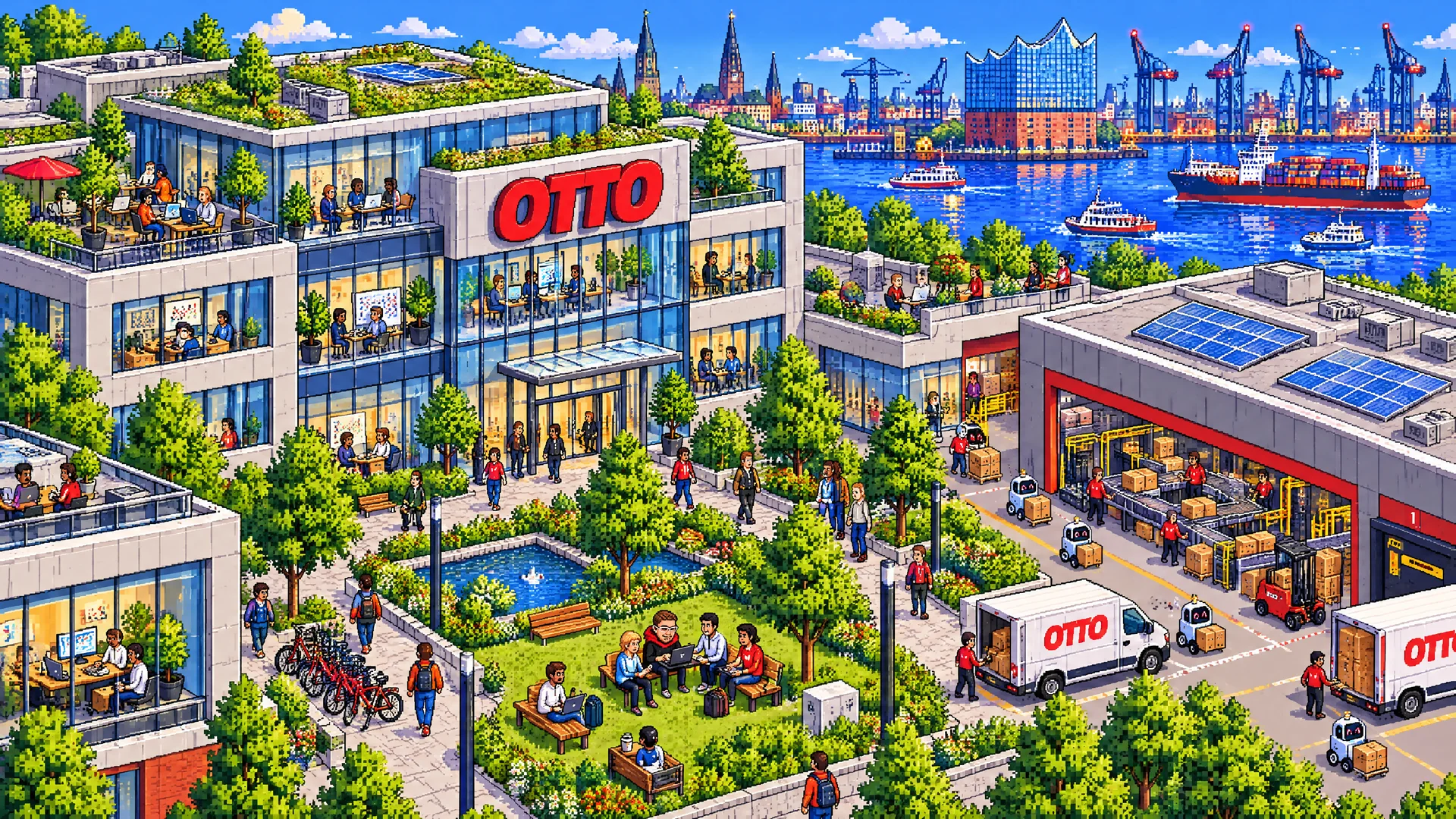 Isometrisches Pixel-Wimmelbild vom OTTO-Campus in Hamburg mit Büros, Innenhof, Pakethalle und Hafen im Hintergrund